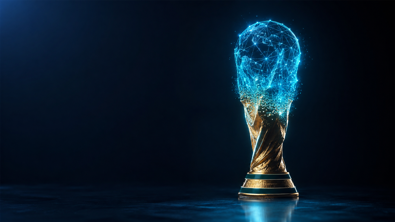 Taça dourada se materializando a partir de uma malha digital luminosa