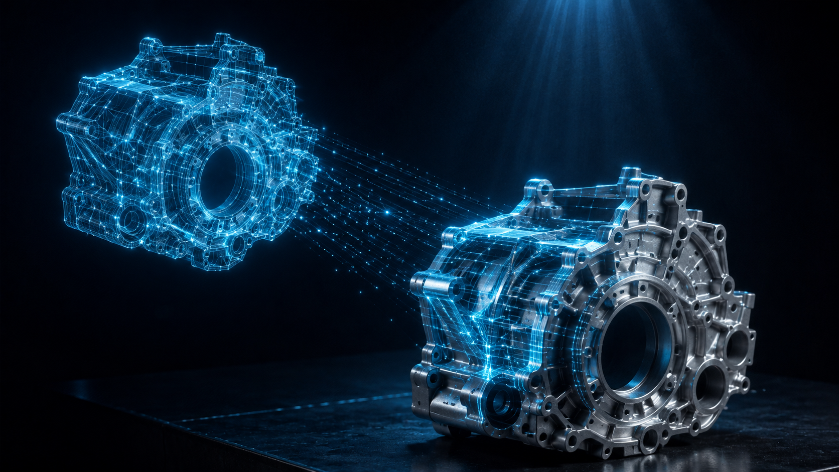Peça de engenharia real ao lado de sua réplica em malha digital luminosa