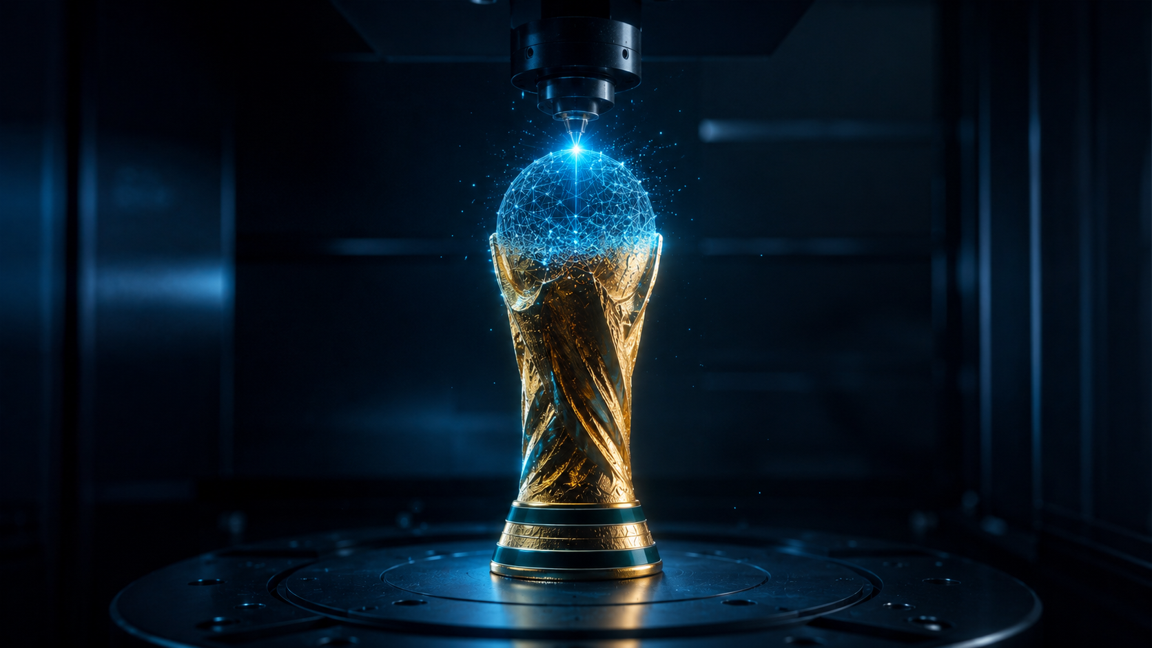 Taça dourada nascendo dentro de uma câmara de fabricação digital