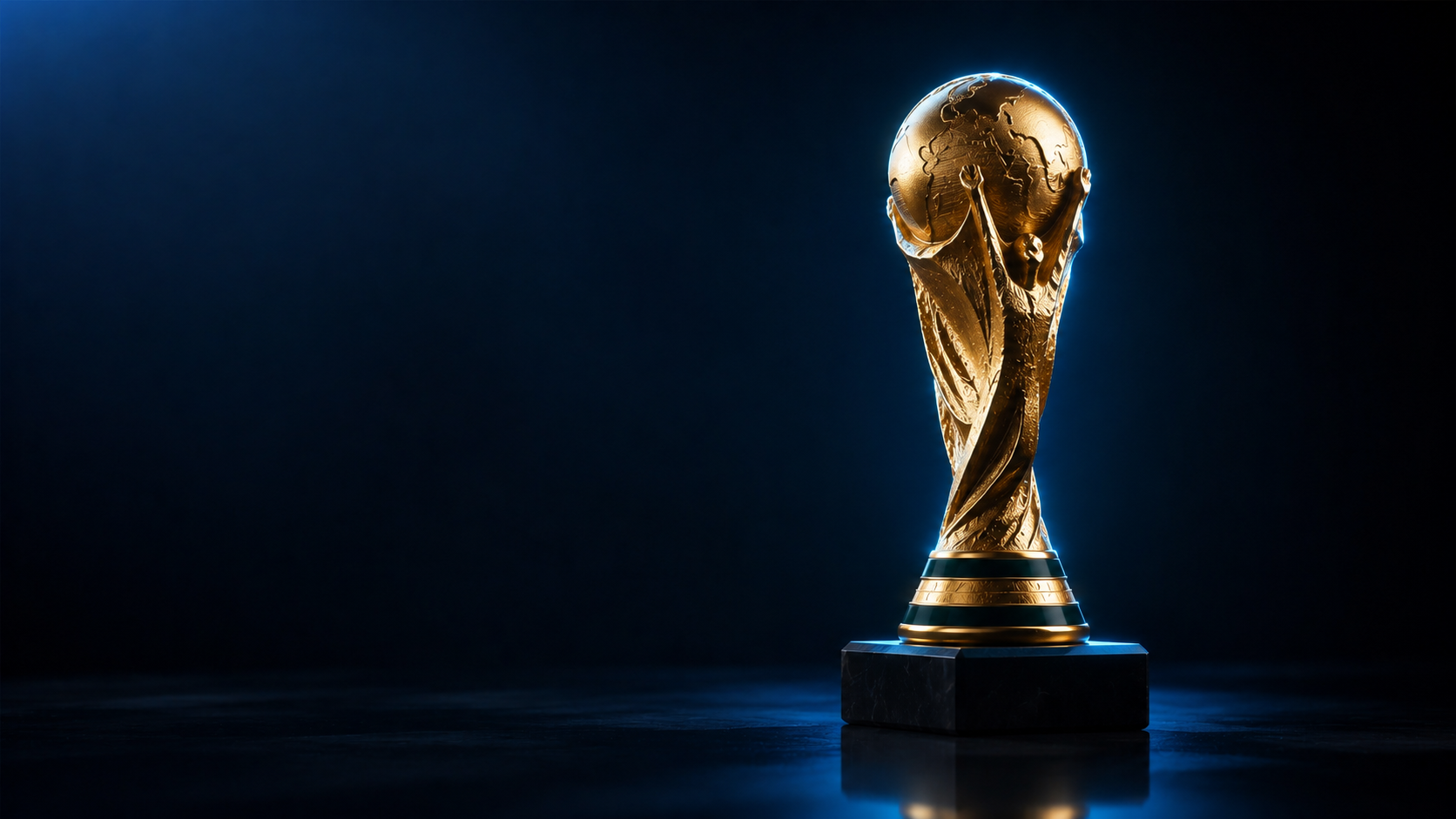 Taça dourada finalizada sobre base de mármore, iluminada em azul