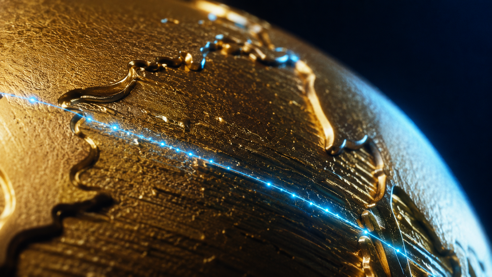Macro da superfície dourada texturizada de um globo com linha de luz ciana